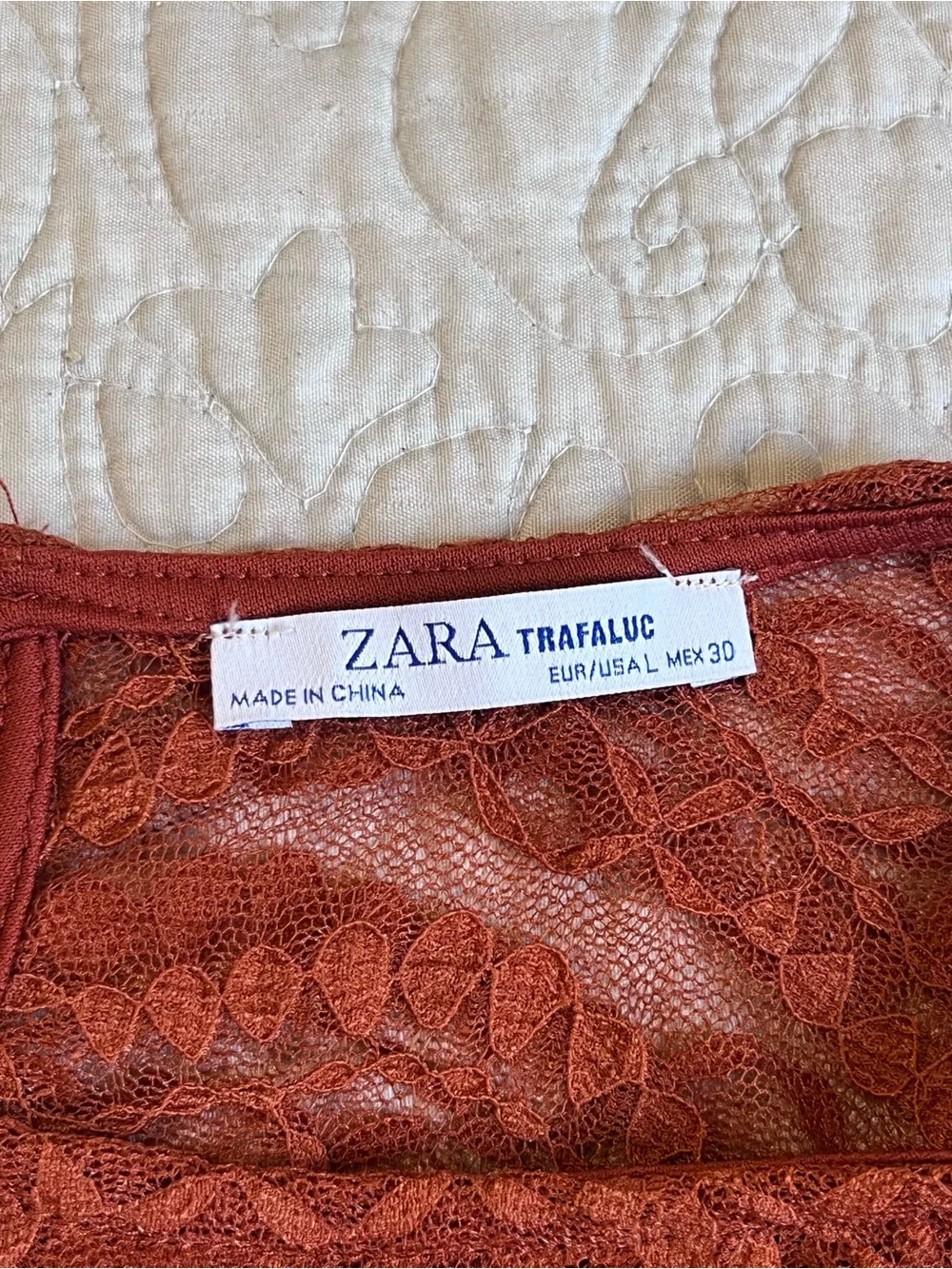 Zara Rust Lace Long-Sleeve Sheer Blouse